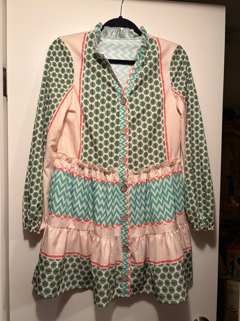 SHEIN Multi-Print Ruffle Button-Front Boho Dress in Green, Pink, Teal